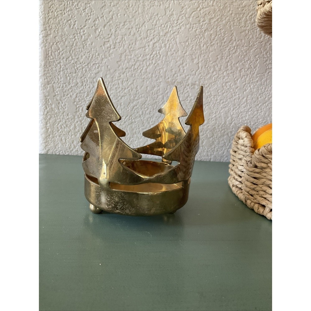 VTG Candle Holder‎  Brass Pine Trees Christmas